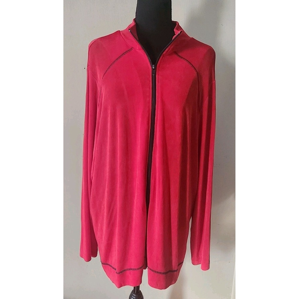 Citiknits Womens 2X Red Black Slinky Zip Front Top Athleisure Shirt Longsleeve